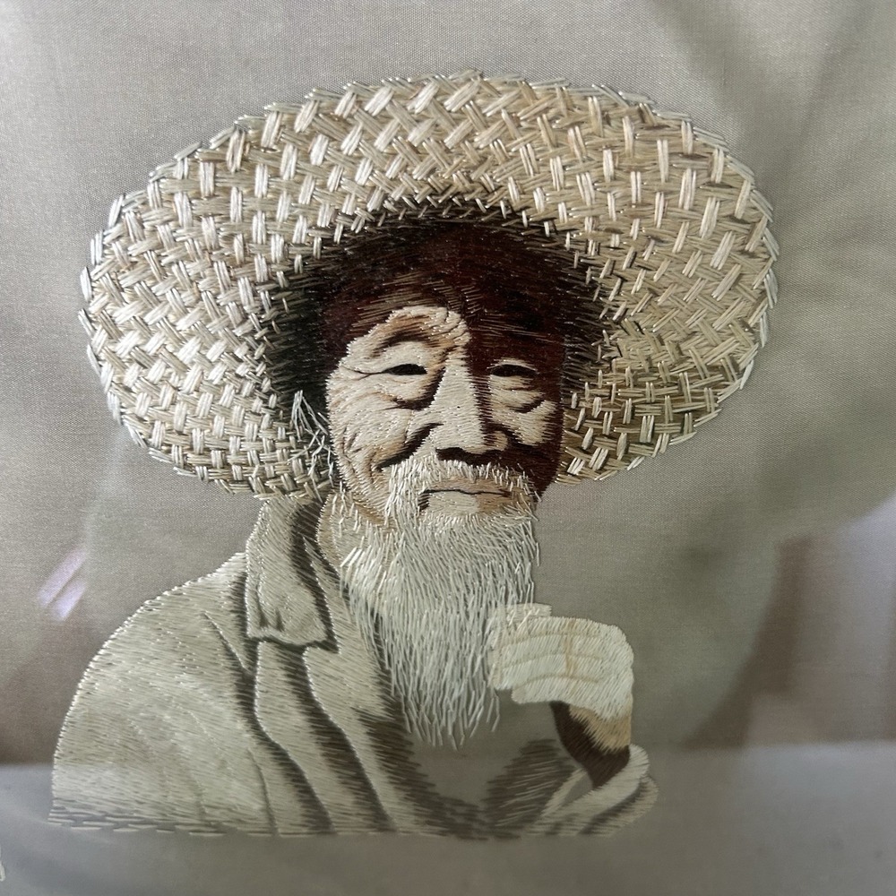 Japanese Uchida Framed Silk Embroidery Portrait Man In Straw Hat With Sake